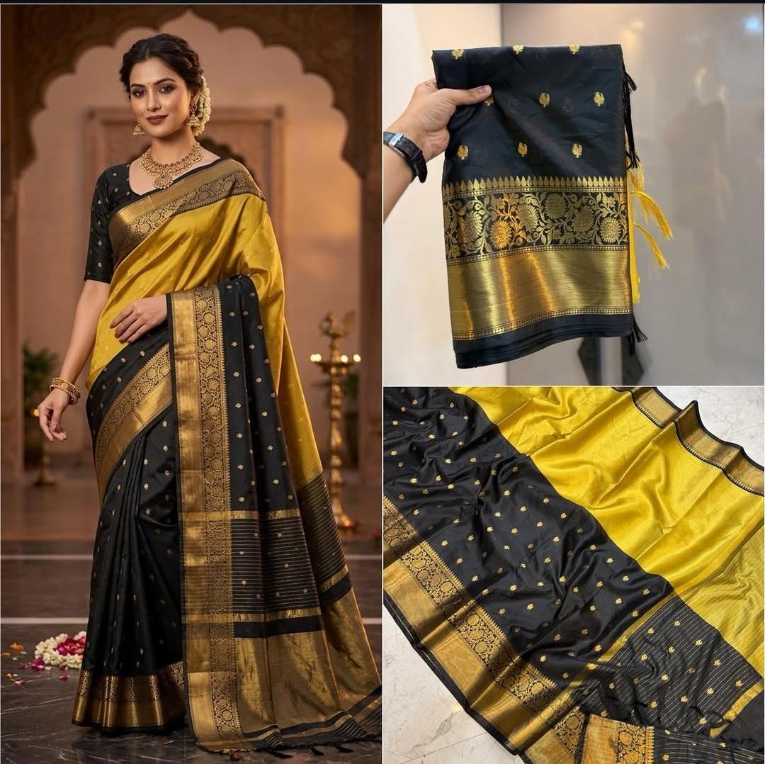 Nandita Black & Mustard Soft Silk Saree